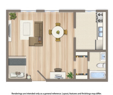 studio apartment floor plan rendering at alpha house apartments in washington dc